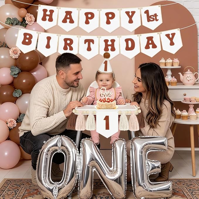 THAWAY 1st Birthday Decorations, White Brown Bohemian Style High Chair Banner Set with Tassel Wood Bead, Birthday Hat & Wooden Cake Topper for One Year Old Party Supplies