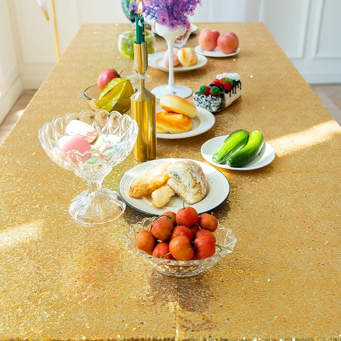 60 x 102 Inch Gold Sequin Tablecloth Rectangle Sparkle Table Cover for Wedding Birthday Party Festival Ceremony Cake Dessert Table Cloth