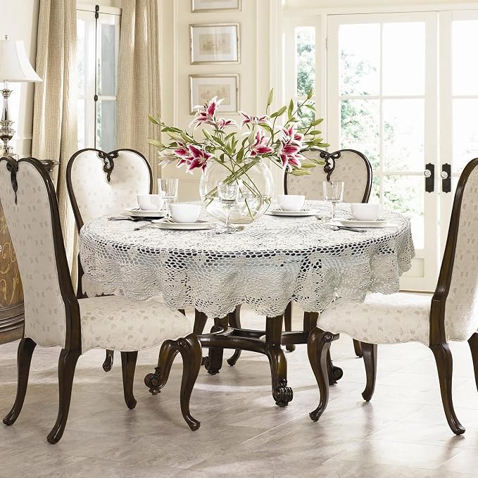 USTIDE Handmade Crochet Round Tablecloth 60-inch Beige Lace Table Overlays Floral Table Covers for Bedroom Kitchen Coffee Dining