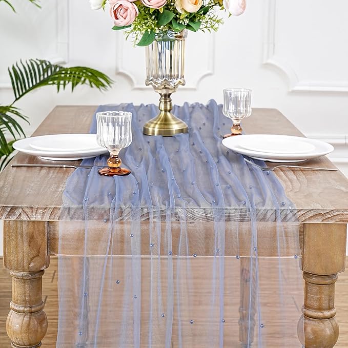 6 Pack Pearl Tulle Table Runner 29x120 Inch Boho Gauze Table Runner Rustic Cheese Cloth Long Table Runner Romantic Runners for Wedding Bridal Shower Birthday Party Table Decor (Dusty Blue)
