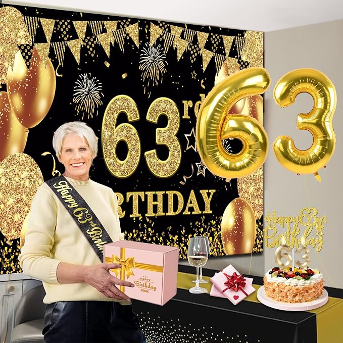 63rd Birthday Decorations Men Women with 63rd Birthday Banner, Black and Gold Table Cloth, Number Balloons, Large Sash, Cake Topper and Candles