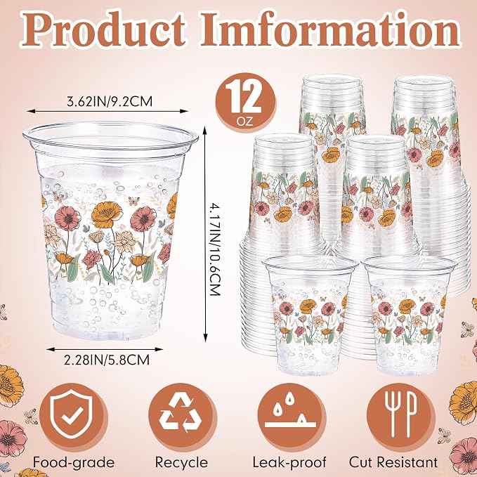 Hushee Boho Flower 60 Pcs Party Cups 16 oz Plastic Disposable Drinking Cups for Birthday Love Baby in Bloom Baby Shower Summer Fresh off The Market Bridal Shower Decorations Supplies