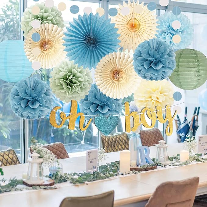 Dusty Blue Sage Green Baby Shower Decorations Oh Boy Banner Light Blue Tissue Pom Poms Flowers Beige Paper Fans Lantern Circle Dot Garlands for Birthday Boho Baby Boy Shower Party Decorations