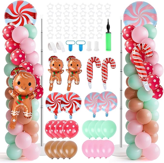 2 Sets Christmas Gingerbread Balloon Stand for Floor Adjustable Red Whilt Balloons Column Kit Set of 2 with Candy Crutch Balloons Tower Stand for Birthday Baby Shower Party Supplies