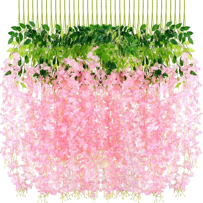 Yunsailing 108 Pack 43.2 in/ 3.6 ft Artificial Fake Wisteria Hanging Flowers Wisteria Faux Flowers Garland Silk Vine Rattan Long Hanging Flowers String for Home Outdoor Wedding Party(Petal Pink)