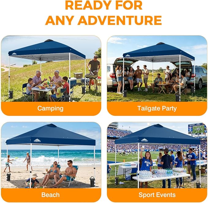 EAGLE PEAK Pop Up Canopy Tent with Wheeled Carry Bag, 8 Stakes, 4 Ropes, 4 Weight Bags, Easy Set Up Tent Canopy, 10x10 ft, 100sqft of Shade, Dark Blue