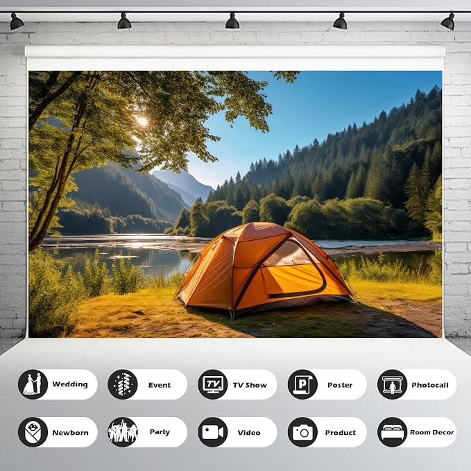 Camping Adventure Backdrop Sunshine Mountain Forest Outdoor Travel Hiking Photography Background Mountain Trees Lake Stream Nature Landscape Grassland Camp Tents Backdrop Decors Props 15x8ft