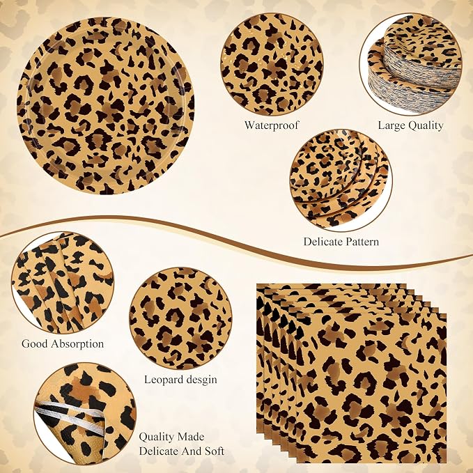 Funnymoom 452 Pcs Leopard Print Party Decoration Cheetah Print Paper Plates Napkins Cups Tablecloth Cutlery Straws Tableware for Jungle Safari Animal Theme Birthday Baby Shower Party Supplies Serve 50