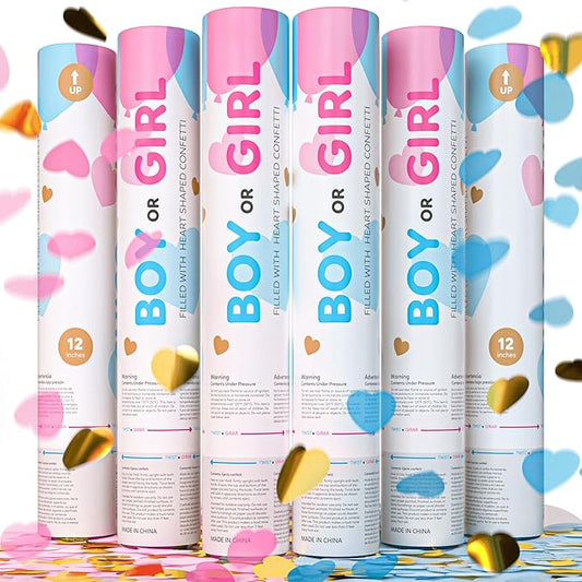 Gender Reveal Gold Heart Shaped Confetti Cannons | 6 Pack | 3 Blue and 3 Pink with Gold Accents | Decoration for Gender Reveal Parties, Baby Showers | Launches 25 ft | 12 inch | TUR Party Supplies