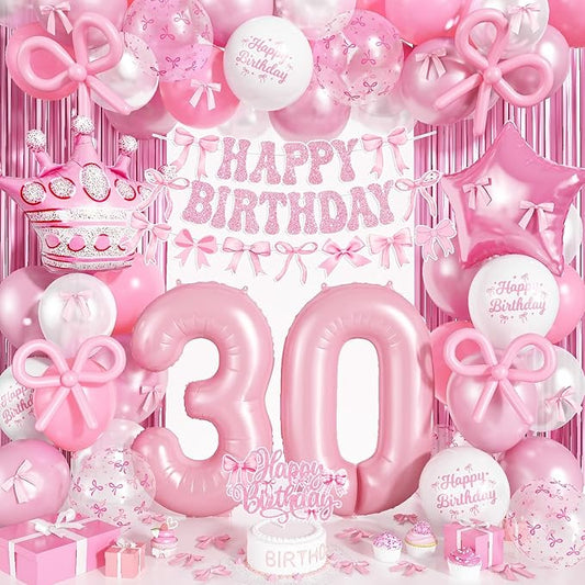 30th Pink Bow Birthday Decorations for Her, Coquette Party Decor Include 40 Inch Foil Number 30 Crown Star Balloons Double Stuffed Balloon Pink Bows Cake Topper Happy Birthday Banner Fringe Curtain