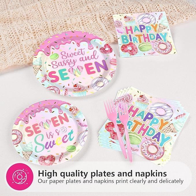 Grencian 96 Pcs Sweet Sassy and 7 Birthday Decorations Donut 7th Birthday Party Decorations for Girls Colorful Donut Plates and Napkins 7 Years Old Disposable Party Supplies Serves 24