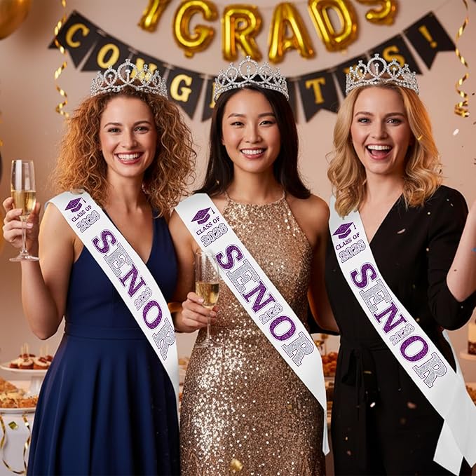 Janinka 6 Pcs Senior Sash 2026 Graduation Satin Sash with Glitter Letter Silver Crown Tiaras Cheer 2026 Gifts for Graduation Party Cheerleader Prom Photos Celebration(Purple)