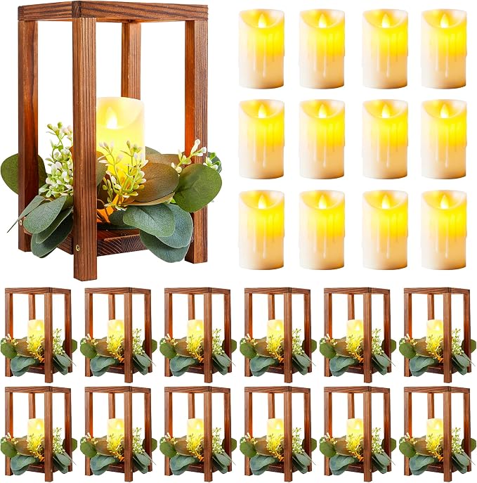 24 Pcs/12 Set Wooden Wedding Lantern Centerpiece Include 12 Lantern Candle Holder 12 Flameless LED Candle for Rustic Wedding Table Party Baby Shower Farmhouse Decor(No Wreathes)