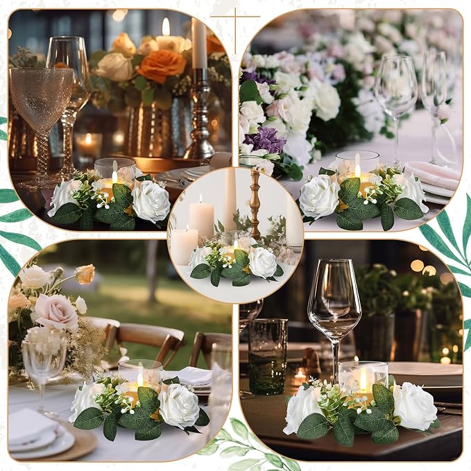 Yunlly 20 Pcs Rose Candle Rings with Flameless Candles Sets, Artificial Flower Eucalyptus Wedding Centerpiece 3 Inch Pillar Candleholders Wreaths for Wedding Party Mother's Day (White)