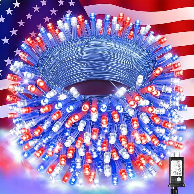 200 LED Red White and Blue Lights, Connectable 66Ft 4th of July Decorations String Lights Clear Wire, Waterproof Patriotic Light Plug in for Independence Day, Memorial Day Indoor Outdoor Decor