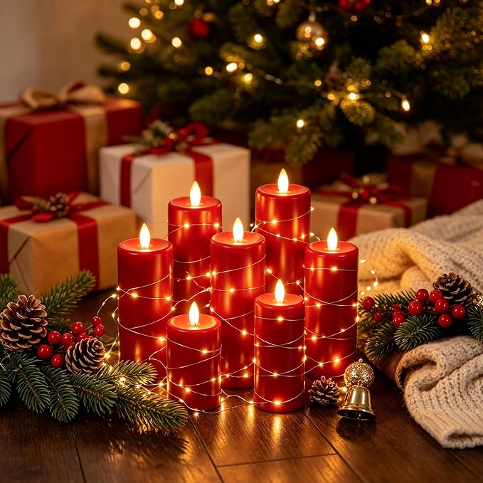 Da by 5 Pack Red Real Wax Flameless Taper Candles, Lifelike Flickering LED Candles with Copper String Lights, Battery Operated Candles with Remote for Holiday Wedding Home Decor