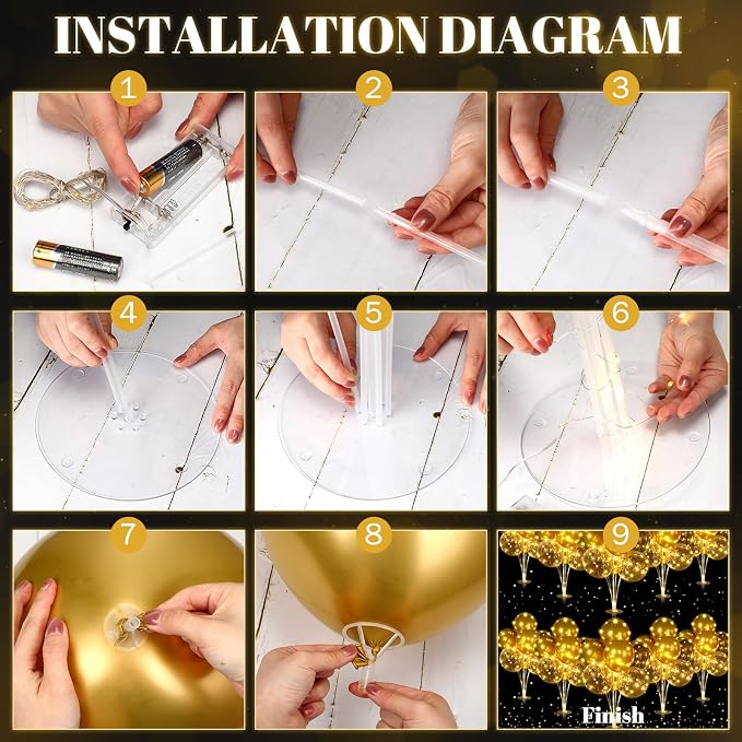 Junkin 10 Set Balloon Stand Kit for Centerpiece with LED String Light 100 Pcs Balloons Table Balloon Stand Centerpieces for Birthday Wedding Baby Shower Back to School Party Decor(Gold)