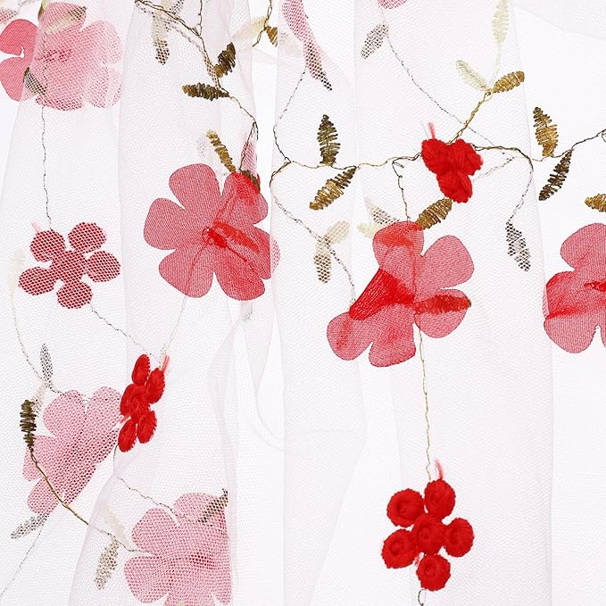 MECCANIXITY 1 Yard Tulle Fabric 35"x51" 3D Flower Embroidery Mesh Lace Fabric for DIY Handmade Clothing Wedding Dress Skirt Home Curtain Decoration, Red White