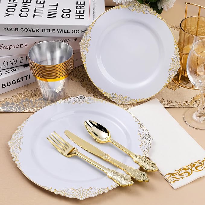 Bestluck 350PCS White and Gold Plastic Plates for 50 Guests, Disposable Dinnerware Set Includes 100 Disposable Plates, 150 Gold Silverware, 50 Cups, 50 Napkins for Party, Wedding