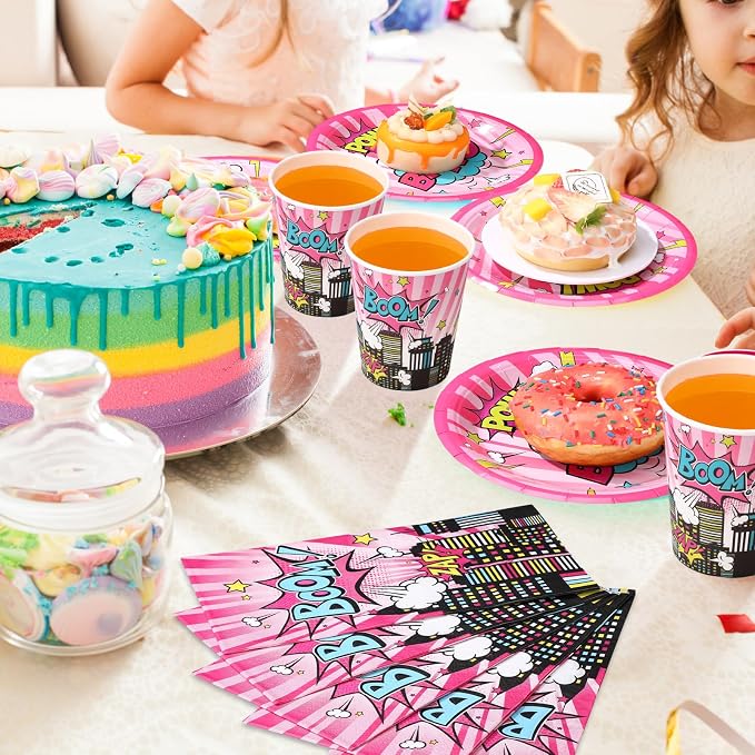 Funnymoom 250 Pcs Girl Hero Birthday Decoration Pink Comic Girl Hero Paper Plates Napkins and Cups Power Halloween Theme Party Tableware for Birthday Baby Shower Party Supplies, Serves 50
