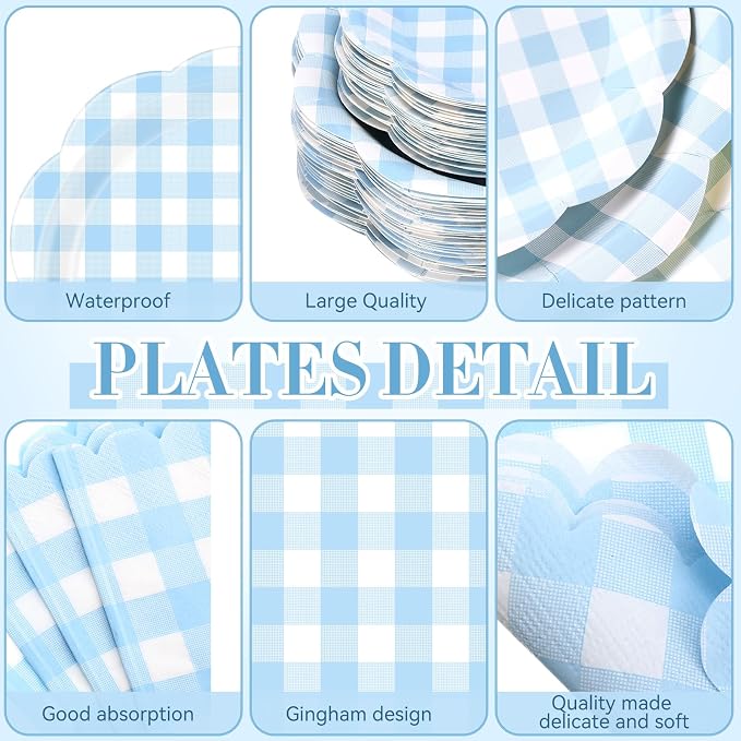 Funnymoom 452 Pcs Blue Gingham Party Supplies for 50 Guests Include White and Blue Checkered Paper Plates Napkins Cups Tablecloth Cutlery Straws for Birthday Baby Shower Wedding Party Decorations