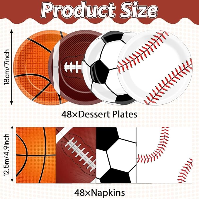Lonfliness 96 Pcs Sports Party Decoration Sport Plates and Napkins Basketball Football Baseball Dessert Cake Tableware Supplies Rugby Theme Activities Game Disposable Paper Party Dinnerware Favor