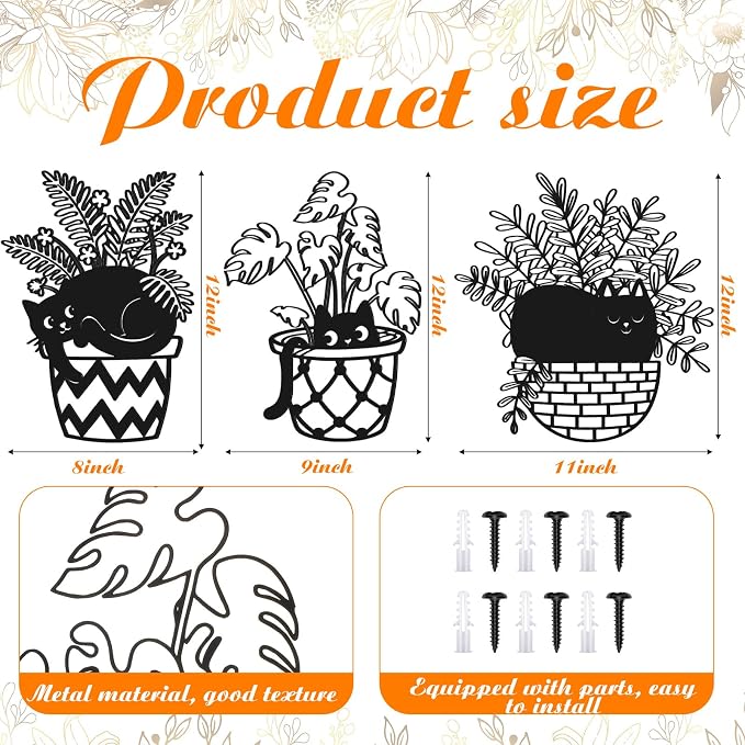 Fiwochic 3 Pcs Black Cat Metal Wall Decor Cute Blakc Cat Botanical Wall Art Leaves Art Potted Plant Decoration for Cats Lover Minimalist Room Living Room Patio Decor Gift