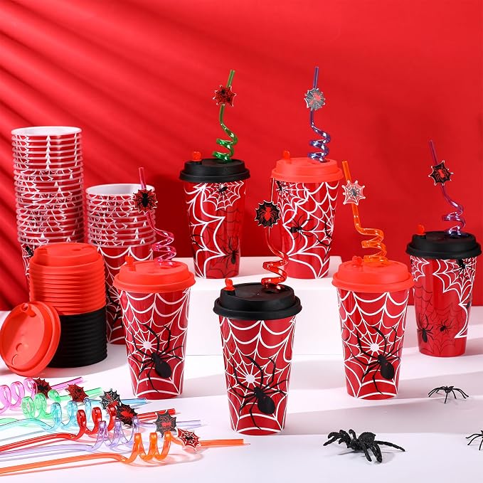 Maxcheck 24 Sets 16 oz Spider Party Favors Goodie Cups with Colorful Lids and Straws for Birthday Decorations Reusable Plastic Candy Cups Bulk Plastic Straws for Birthday Party Celebration Gifts