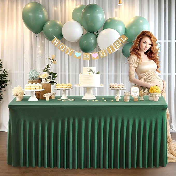 2 Packs Green Table Clothes for 4 Foot Rectangle Tables, Wrinkle Resistant Stretch Spandex Table Covers Fitted Tablecloth with Skirt for Easter Event Banquet Wedding Birthday Party