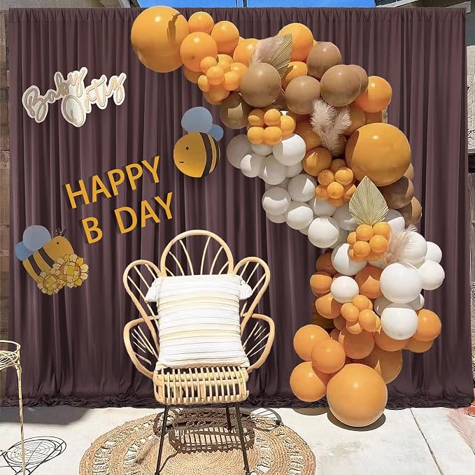 30ft×10ft Wrinkle Free Brown Backdrop Curtain for Parties, 6 Panels 5×10ft Soft Silky Polyester Umber Photo Backdrop Drapes for Teddy Bear Bee Birthday Party Baby Party Wedding Photography