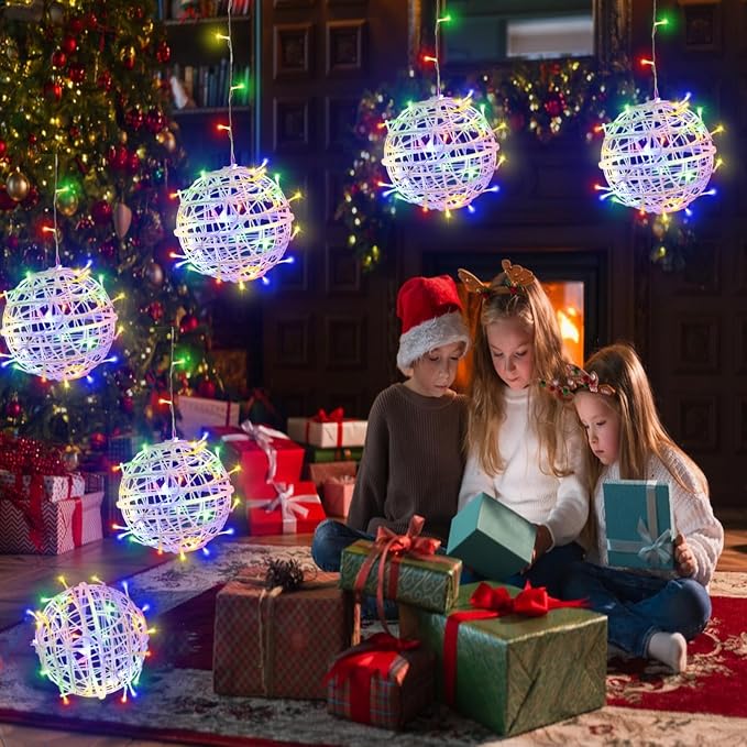 Outdoor Christmas Balls Lights 4 Pack Hanging 7.1" LED Garden Sphere Tree Lights 8 Modes Waterproof Glow Globe Lights with Memory Timer Plug for Yard Porch Eave Patio Home Indoor Decoration-Multicolor