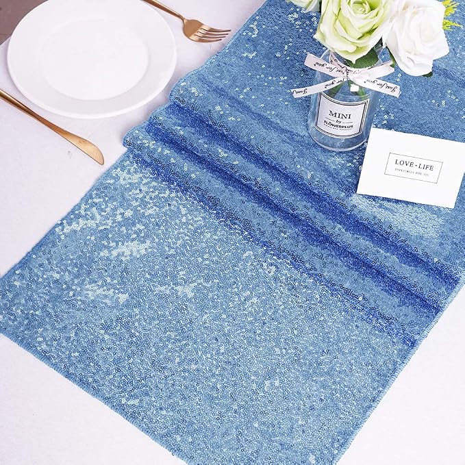 SoarDream Baby Blue Table Runner 10 Pieces 12x72 Inches Sequin Fabric Glitter Table Runner for Party Holiday Birthday Wedding Baby Shower Supplies Decorations