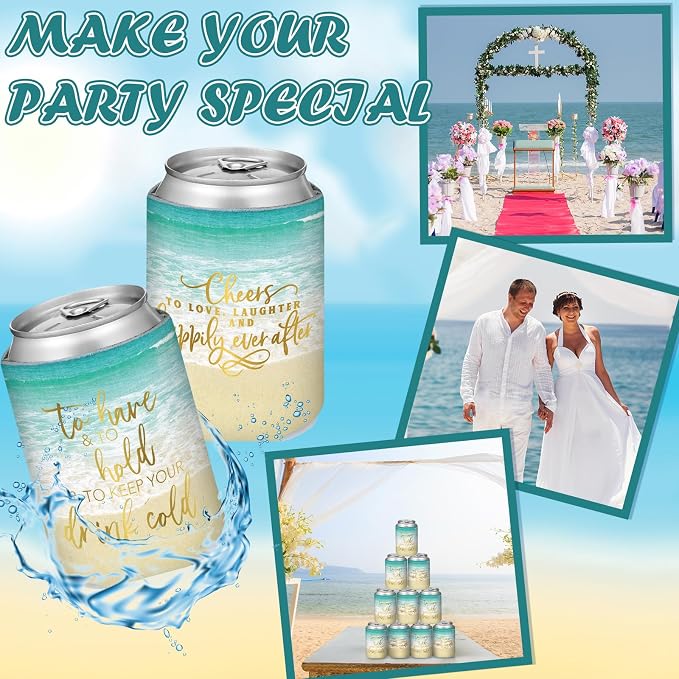 Qinyoung 50 Pieces Beach Theme Wedding Can Cooler Bulk Engagement Party Favors for Guests Cheers to Love Laughter and Happily Ever After Rehearsal Dinner Decorations for Wedding Bridal Party