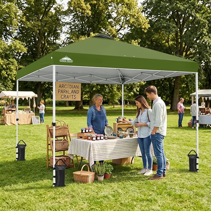 EAGLE PEAK Pop Up Canopy Tent with Wheeled Carry Bag, 8 Stakes, 4 Ropes, 4 Weight Bags, Easy Set Up Tent Canopy, 10x10 ft, 100sqft of Shade, Grass Green