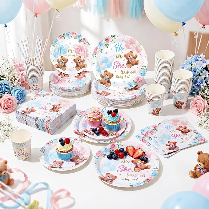 Funnymoom 250 Pcs Bear Gender Reveal Paper Plates and Napkins Party Supplies Bear He or She Blue Pink Disposable Tableware Set for Boy Or Girl Gender Reveal Baby Shower Party Decoration