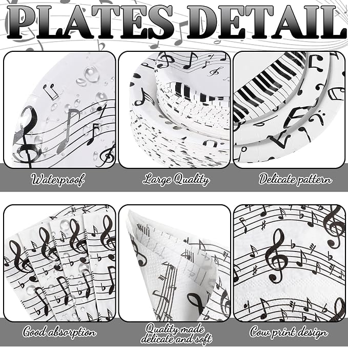 Potchen 452 Pcs Party Supplies Serve 50 Guests, Paper Plates Napkins Cups Cutlery Plastic Tablecloth Dinnerware for Birthday Wedding Party Decoration (White Black, Music Notes)