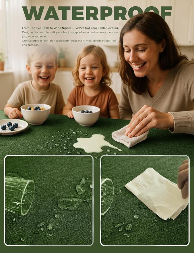 Decorelia Waterproof Faux Linen Rectangle Tablecloth, Spillproof Wrinkle Free Outdoor Reusable Table Cloth for Patio,Holiday,Banquet,Party,Buffet Dinner (Oblong,60 x 120 Inch (10-12 Seats),Dark Green)