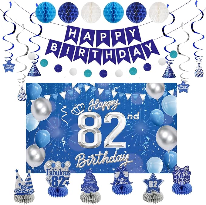 Happy Birthday Party Decoration Set: Including Birthday Banner Backdrop, Party Table Centerpieces and Hanging Swirl Party Streamers, Birthday Decor Suppliers for Men and Women (Blue, 82nd Birthday)