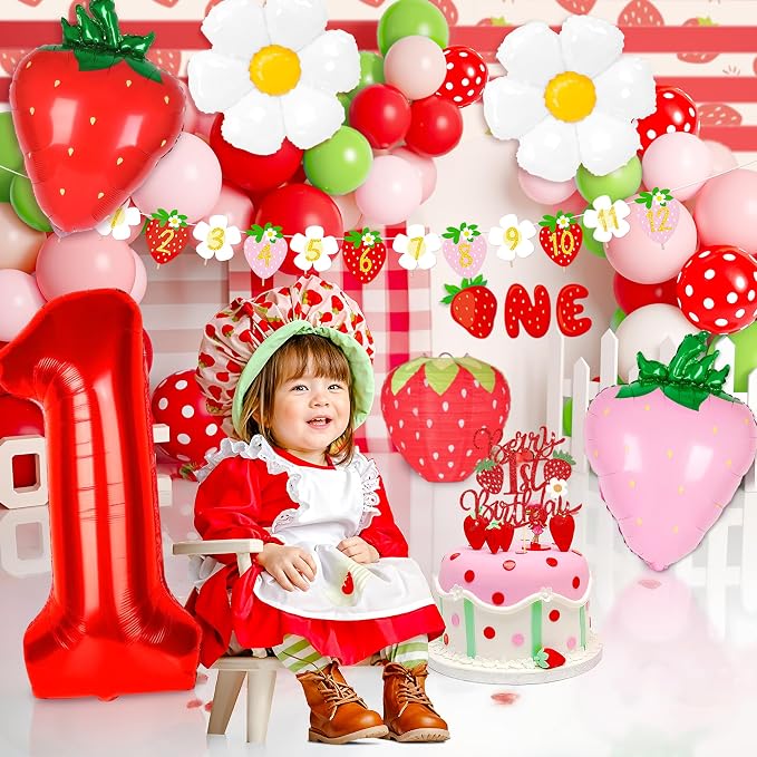 Kriyokiaa Berry First Birthday Decor Strawberry 1st Shortcake Birthday Decorations for Girls with Balloon Arch, Highchair Banner Strawberry Theme Backdrop, Photo Banner, Cake Topper