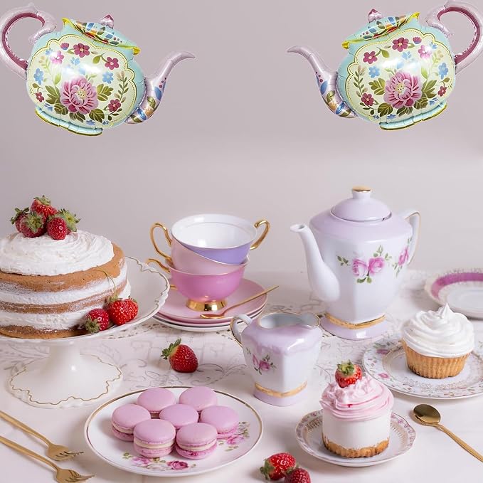Tea Party Decorations For Women,Pastel Balloons,Tea Party Backdrop,Banner,Teapot Mylar Foil Balloon,Table Cloth,Paper pom poms Party Supplies for Girls