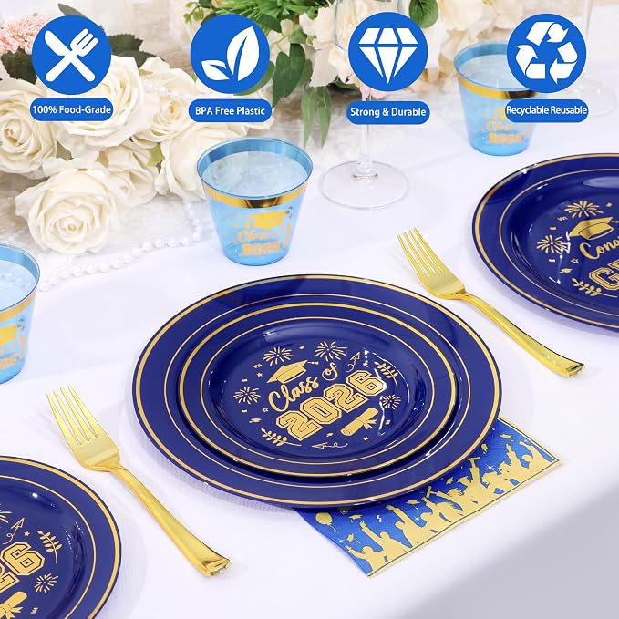 150 Pcs 2026 Graduation Plastic Plates with Disposable Silverware Serves 30 Guests, Blue Gold Graduation Disposable Plates Including 30 Dinner&Dessert Plates, Cups, Napkins, Gold Forks for Party