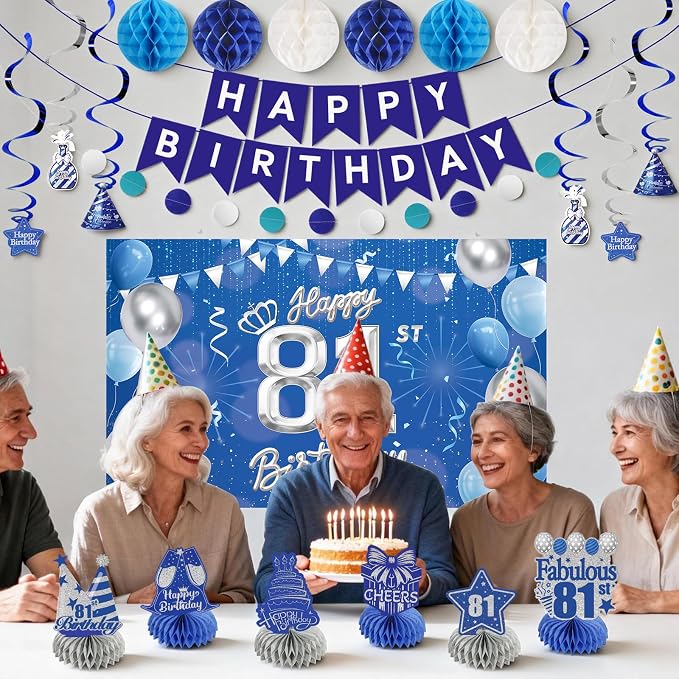Happy Birthday Party Decoration Set: Including Birthday Banner Backdrop, Party Table Centerpieces and Hanging Swirl Party Streamers, Birthday Decor Suppliers for Men and Women (Blue, 81st Birthday)