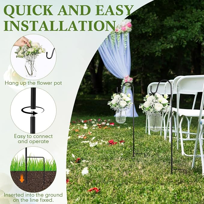 6 Sets Wedding Aisle Decorations with 16 oz Hanging Mason Jar Peonies Baby's Breath Flowers Vase 32" Shepherds Hooks Rustic Mason Jar with Faux Flower for Wedding Ceremony Outdoor Isle Decoration