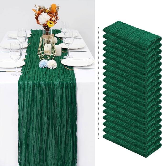 18 Pack Christmas Table Runner 10FT Dark Green Cheesecloth Table Runner Long Semi-Sheer Gauze Fabric Boho or Rustic Wedding Table Decor for Wedding Arch Draping Bridal Shower Baby Shower Party