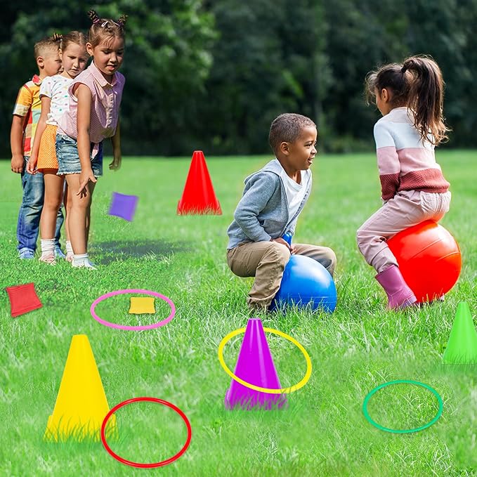 JOY SPOT! Carnival Outdoor Games Combo Set for Kids, 18 Inch Hopper Balls with Handles, Ring Toss, Bean Bags, Egg Spoon Relay Race, Fun for Backyard, Field Day, School, Birthday Parties, Family Events