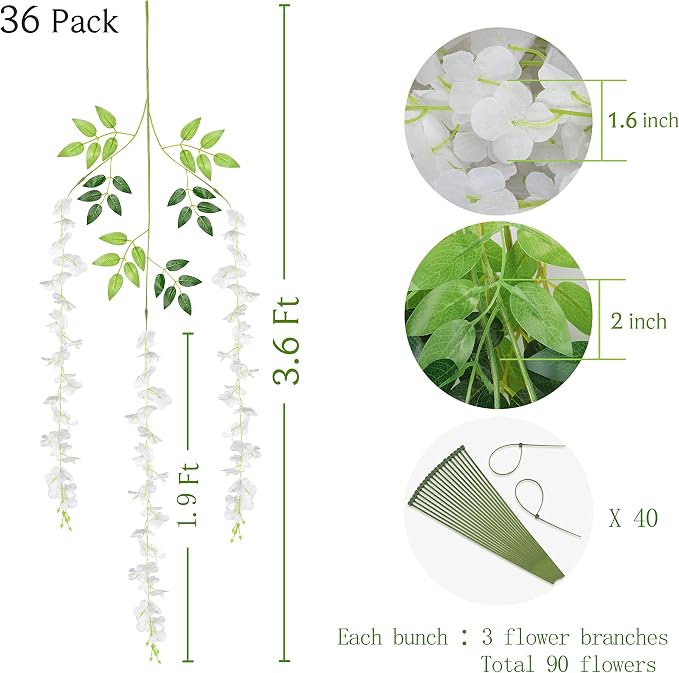BLEUM CADE 36Pcs White Fake Wisteria Hanging Flowers, 3.6Ft/Pcs Artificial Wisteria Garland, Hanging Flowers for Wedding Party Home Backdrop Wall Decoration