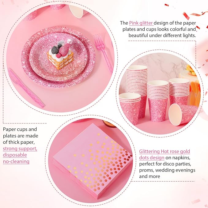 Hushee 175 Pcs 25 Guests Pink Paper Party Plates and Cups Napkins Sets Holographic Glitter Disposable Dinnerware Plastic Forks Knives Spoons Birthday Bachelorette Wedding Party Supplies