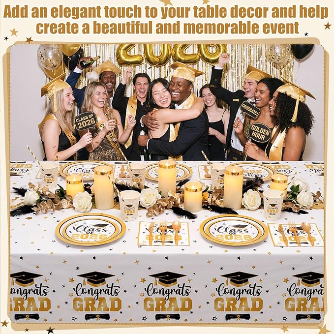 Funnymoom 452 Pcs Class of 2026 Gold Graduation Party Supplies for 50, White Gold Graduation Paper Plates Napkins Cups Tablecloth Cutlery Straws for College High School Congrats Grad Party Decoration