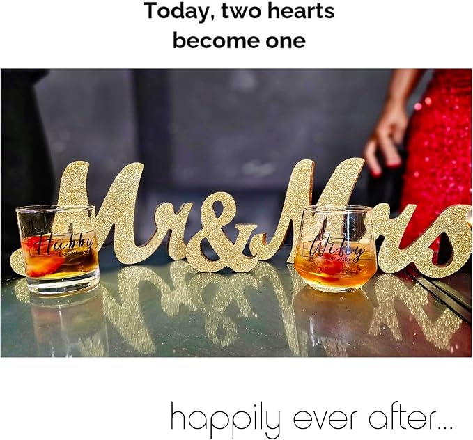 Mr and Mrs Tabletop Wedding Decoration - Wooden Freestanding Letters for Photo Props - Golden Glitter Decor Gift for Bridal Shower Anniversary Party