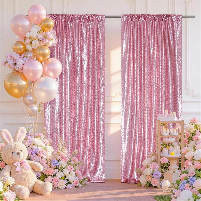 SquarePie 2 PCS 2x8ft Fuchsia Pink Sequin Backdrop Curtains, Satin-Backed Shimmering Photo Booth Background, 2 Panels Narrow Real Sequin Drapes with 4" Rod Pocket for Party, Baby Shower, Doorway Decor
